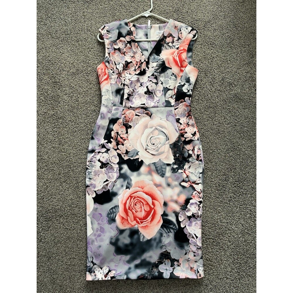Calvin Klein Scuba Sheath Sleeveless Dress Gray Flowers - Grey/purple Size 6